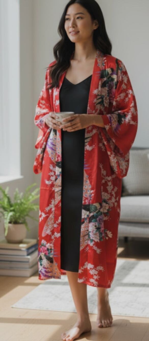 Oriental Village Silk Collection Floral Red Kimono Robe OS